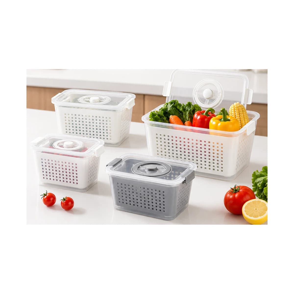 Four stackable fridge storage boxes in different sizes with vented lids and drain baskets