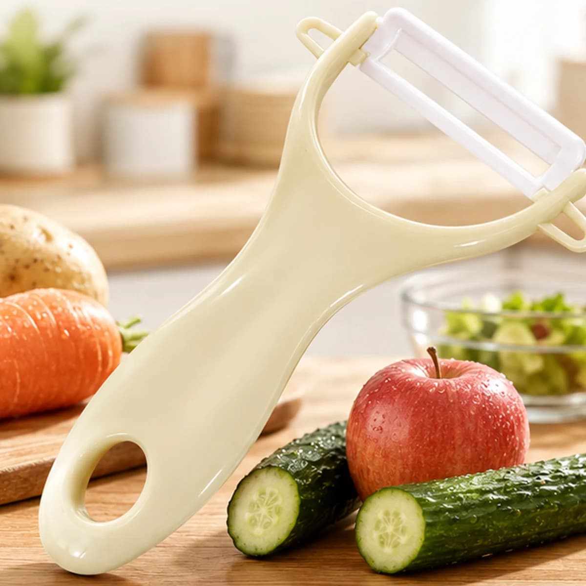 Cream-coloured Y-shaped peeler on a wooden board with potato, carrot, apple and cucumber
