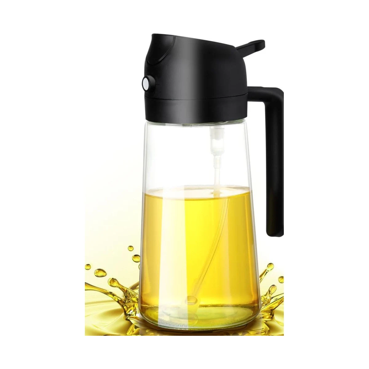 Oljeflaska i glas med svart spray- och hällkork och handtag