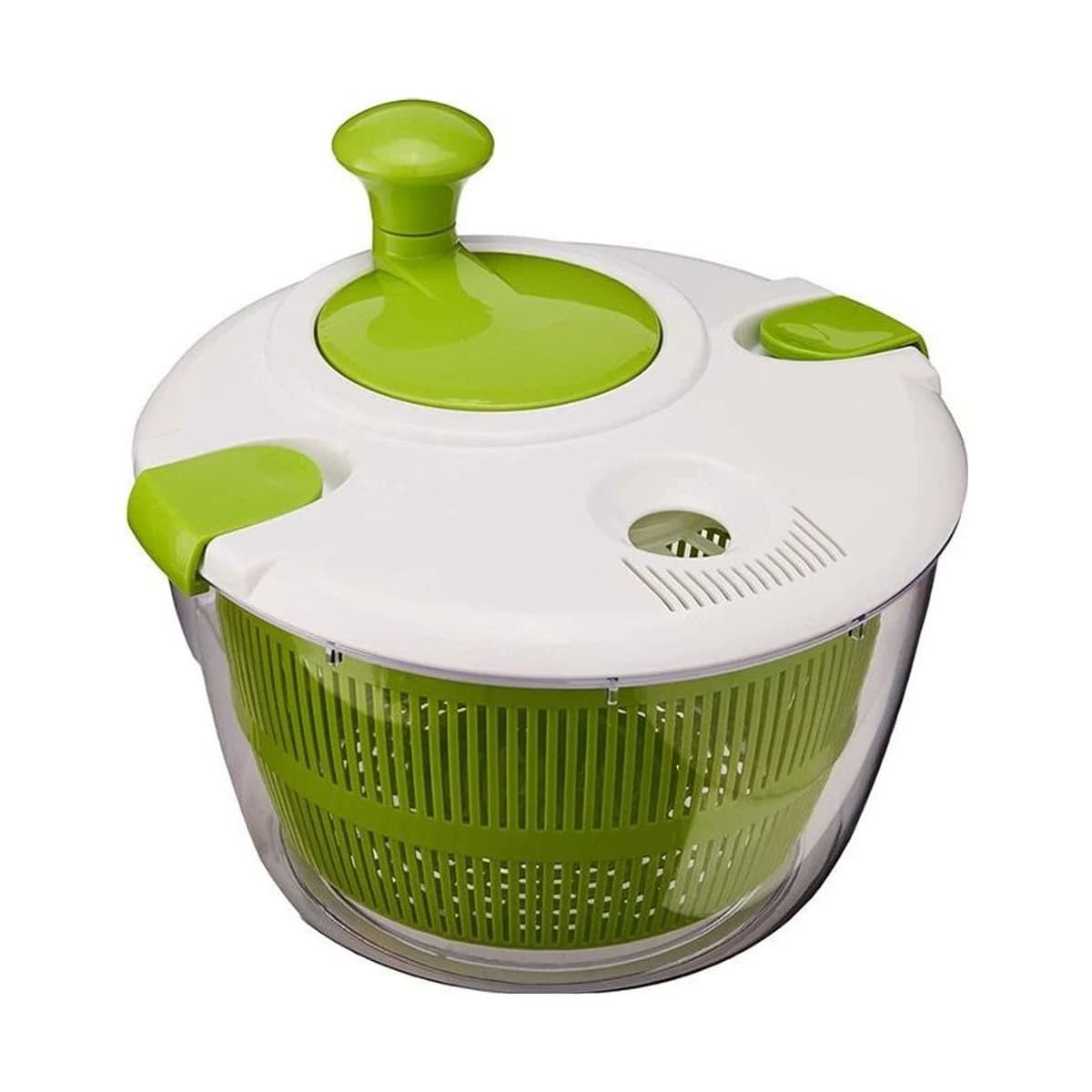 Salad spinner with a clear bowl, green inner basket and white lid with a crank handle